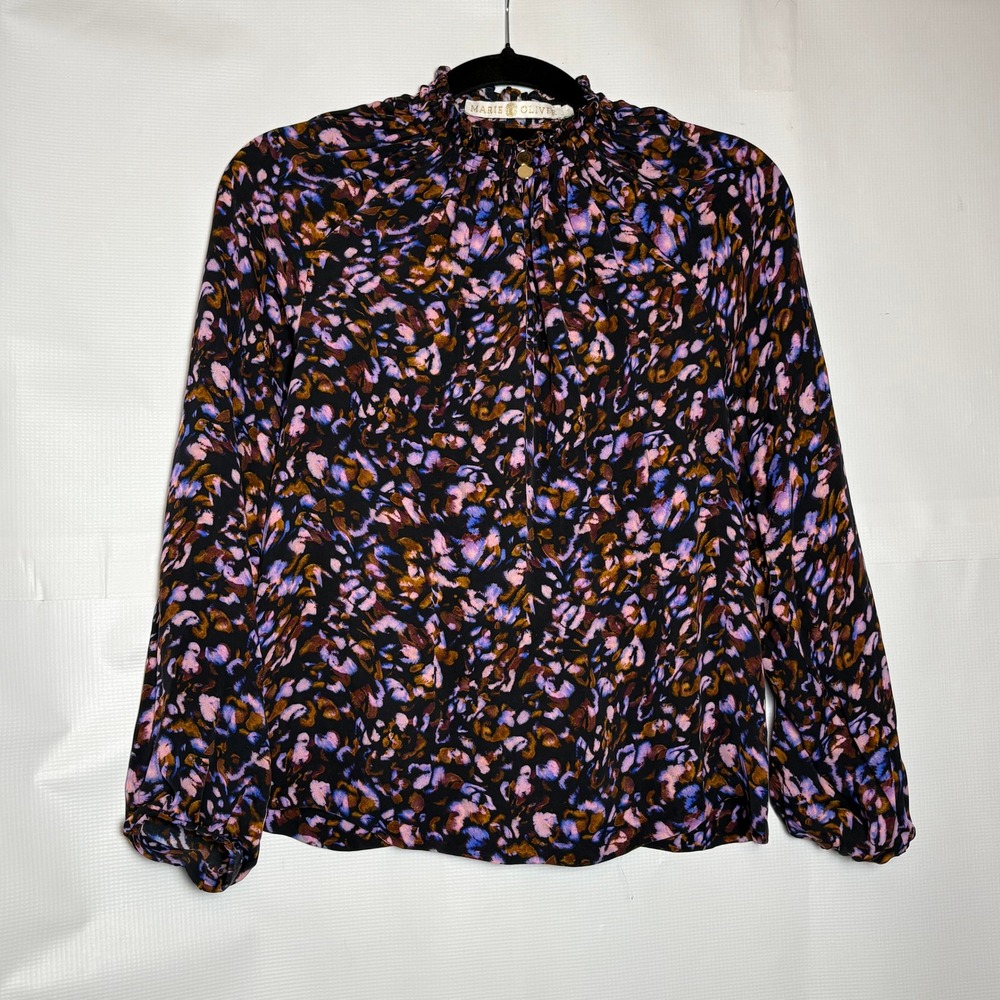 Marie Oliver Silk Blouse Black Purple Abstract Floral Ruffle Neck L/S Small